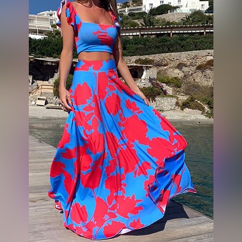 *2 Piece - Tropical Floral Tank Top and High Waist Maxi Skirt Set